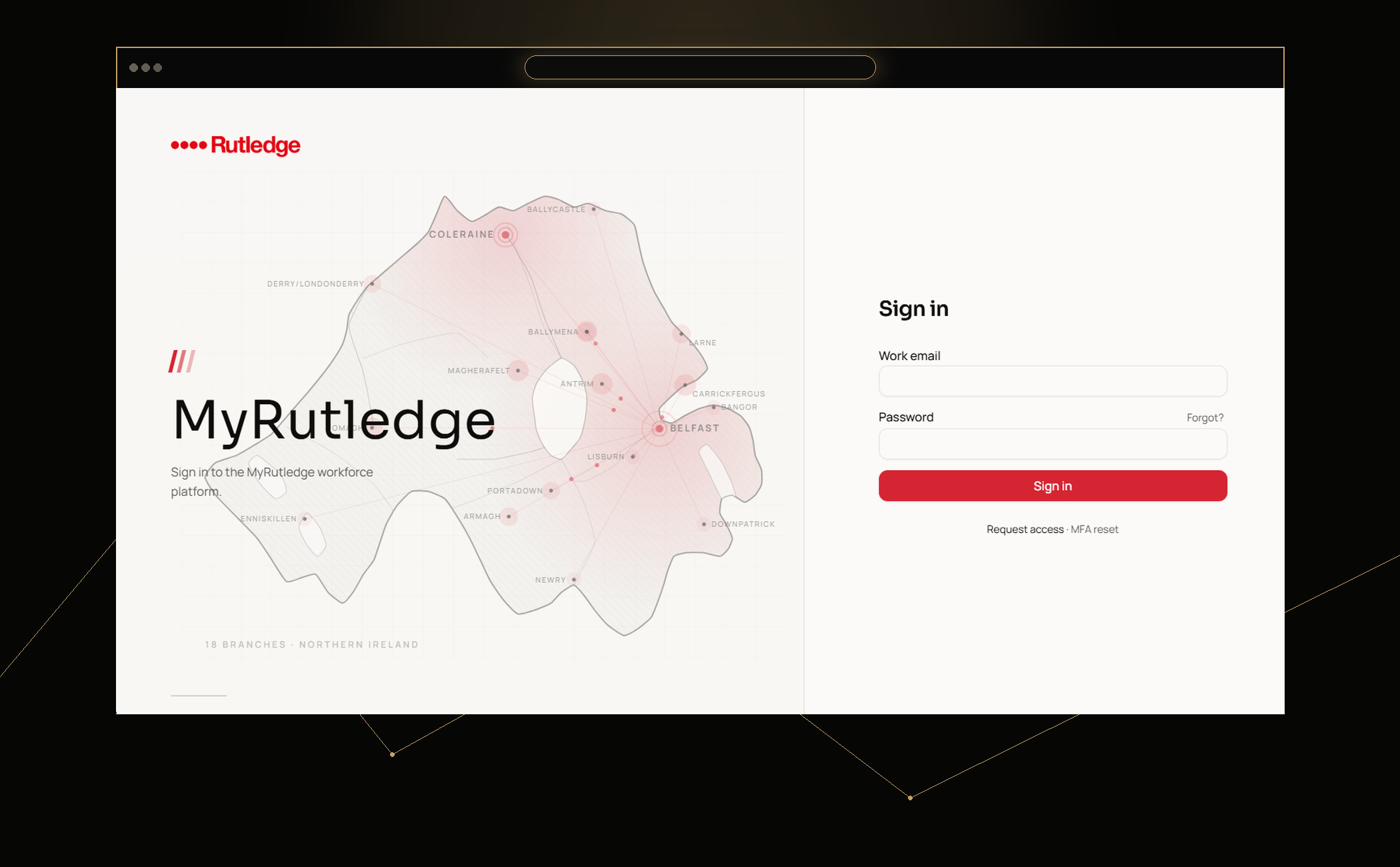The MyRutledge workforce platform sign-in screen shown in a NEXUZ browser frame