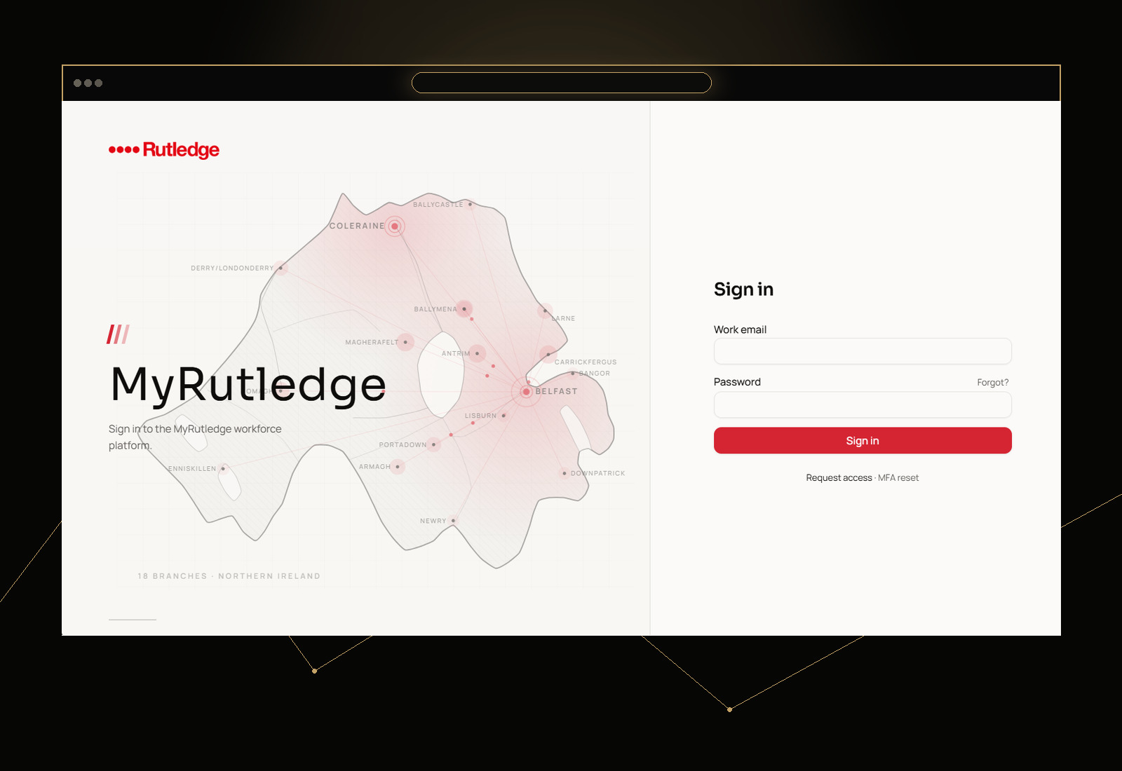 The MyRutledge workforce platform sign-in screen shown in a NEXUZ browser frame