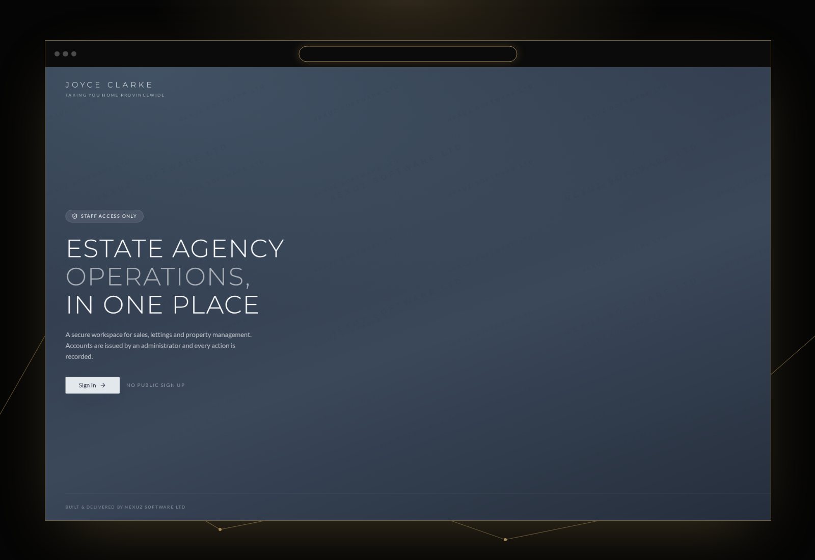 The Joyce Clarke CRM staff sign-in screen shown in a NEXUZ browser frame