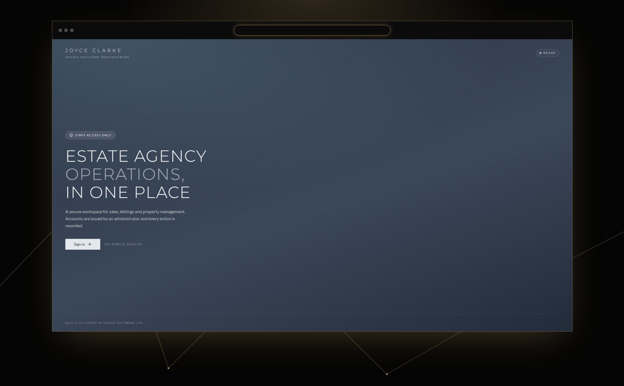 The Joyce Clarke CRM staff sign-in screen shown in a NEXUZ browser frame